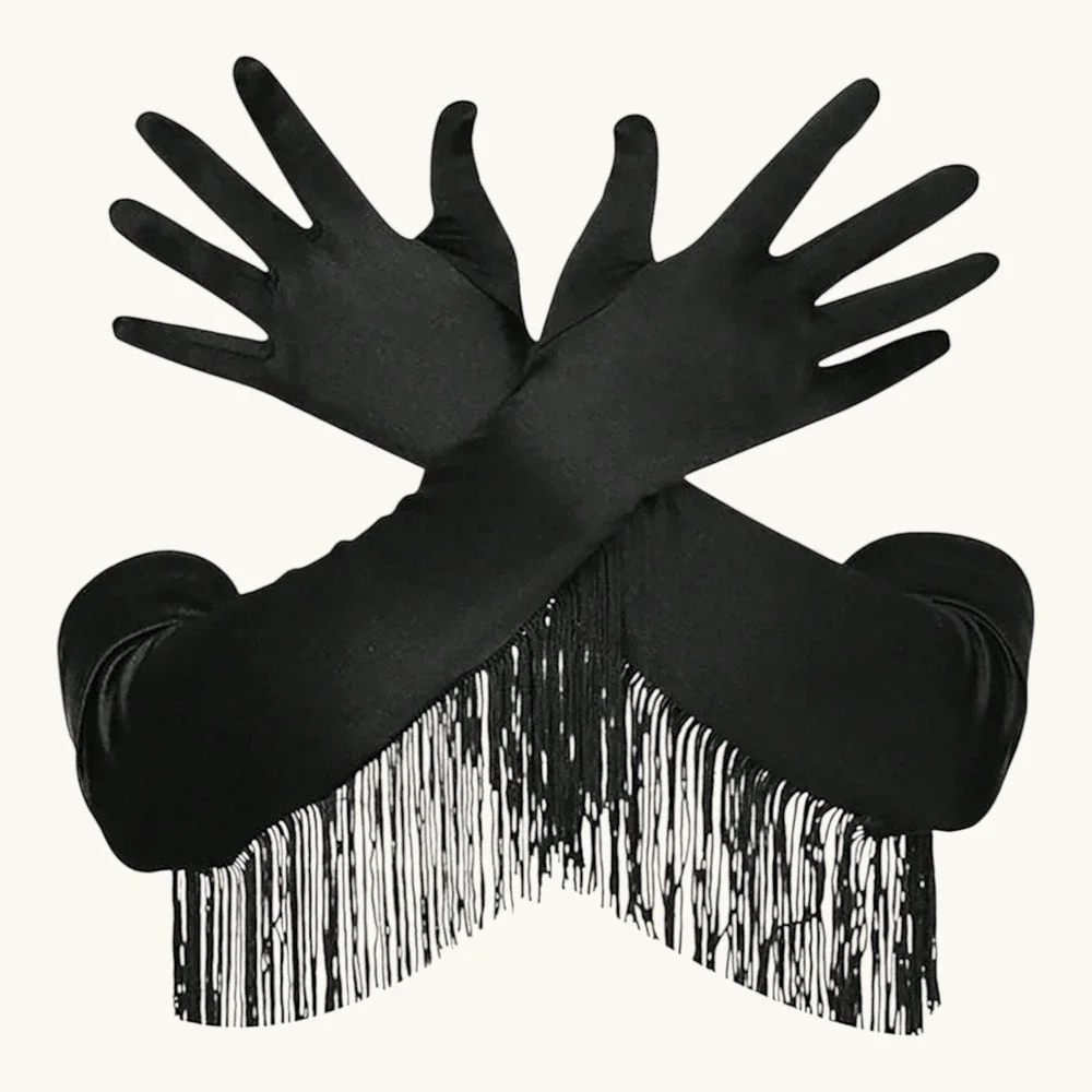New Black Fringe Trim Satin Opera Length Long Evening Gloves Formal